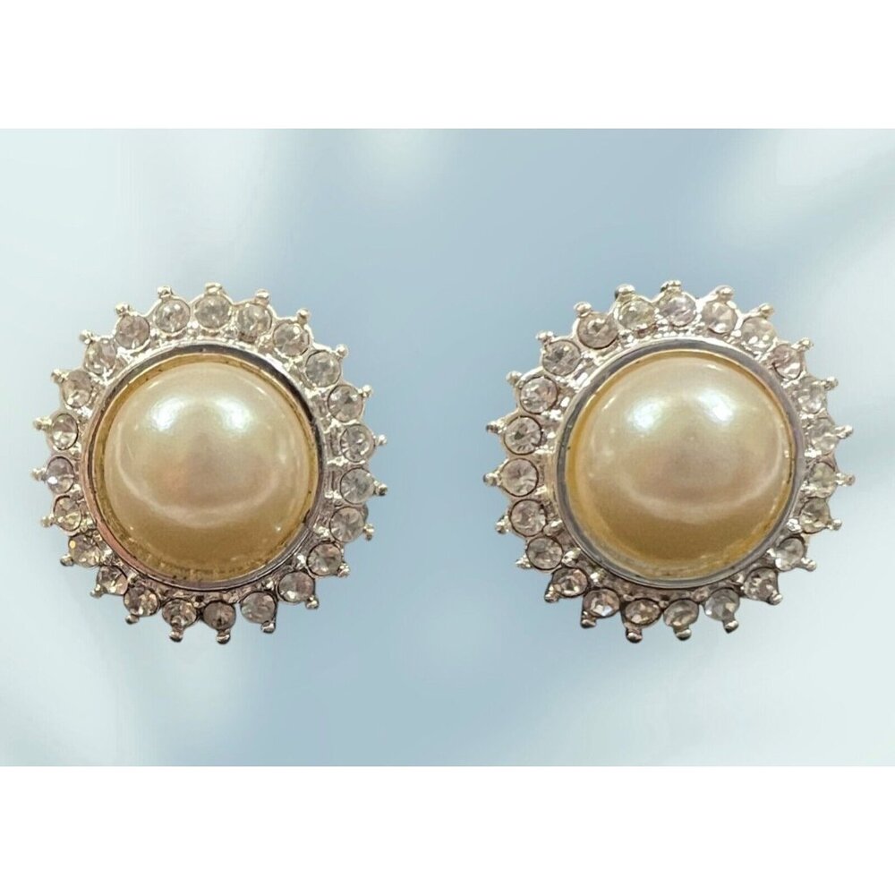 Vtg Napier Silver Tone Clear Rhinestone Faux Pearl Button Clip on Earrings 3/4"